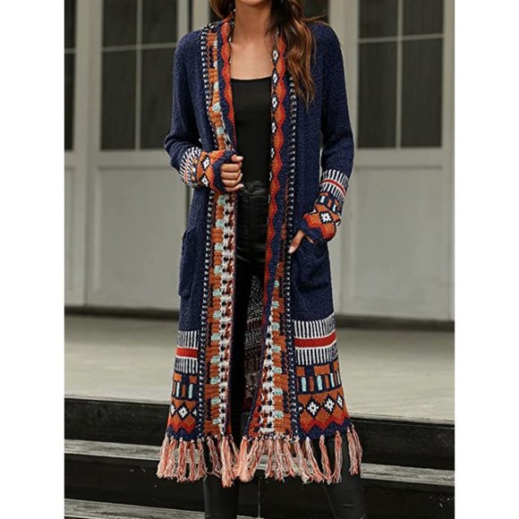Dresses & Skirts - Navy Blue Multicolor Aztec Tribal Print Knit Long Cardigan Duster Kimono Sweater